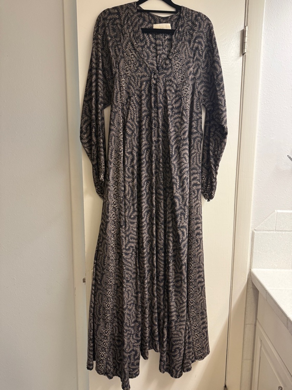 Natalie Martin Black and Cream Printed Long Sleeve Maxi Dress